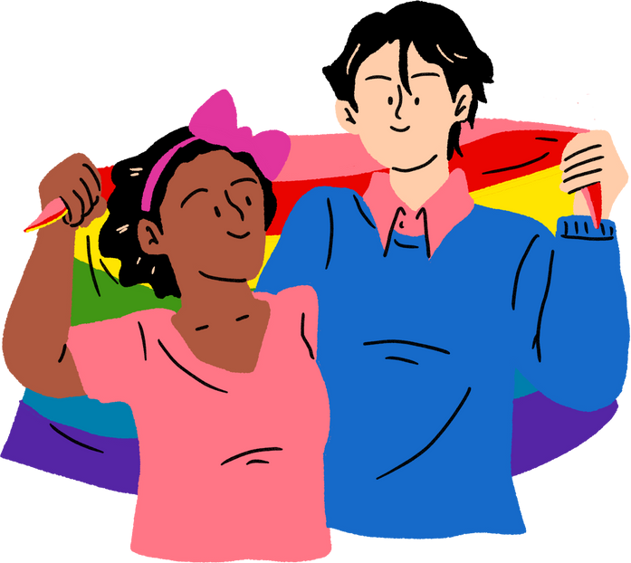 Loose Handdrawn LGBTQIA+ People with Pride Flag